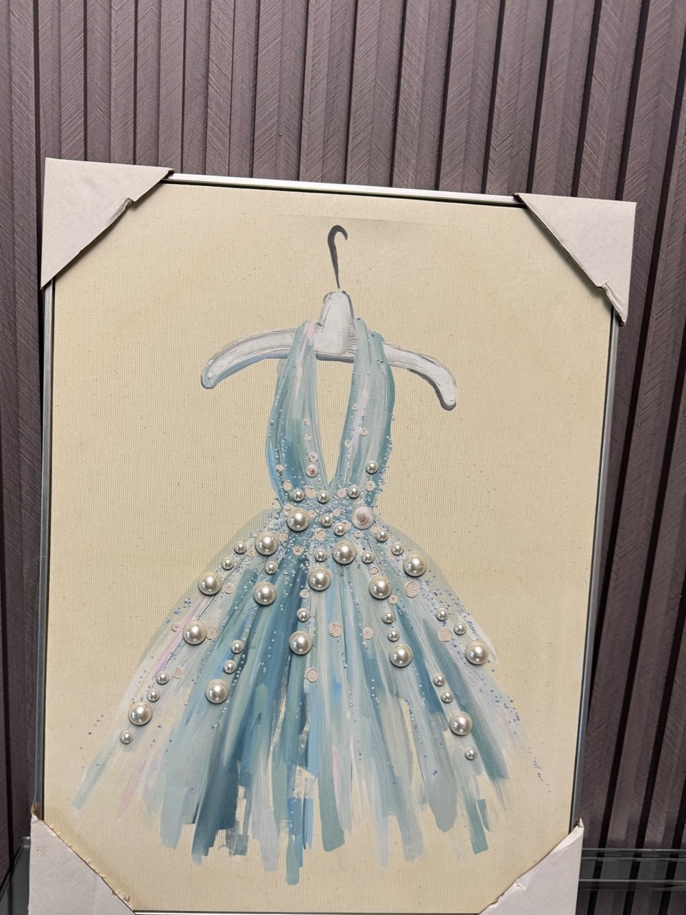 Blue Pearl Embellished Dress Canvas Art with silver frame